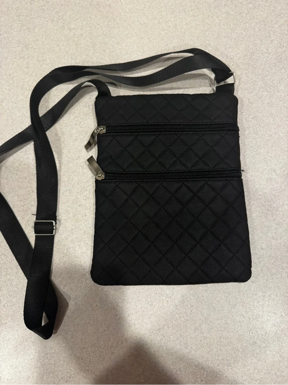 Quilted Look Black Crossbody Bag with Double Zip Pockets